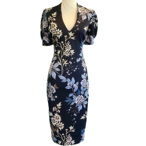 Vince Camuto Puffy Sleeve V-Neck Navy Blue Floral Scuba Knit Fabric Size 10 - Picture 2 of 7